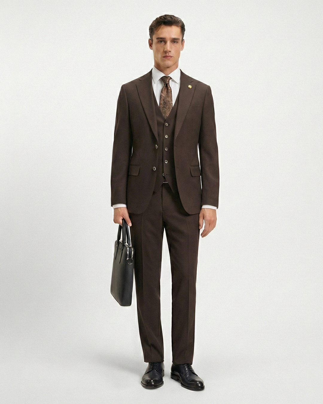 İtalyan Stil Kahverengi Yelekli Klasik Takım Elbise