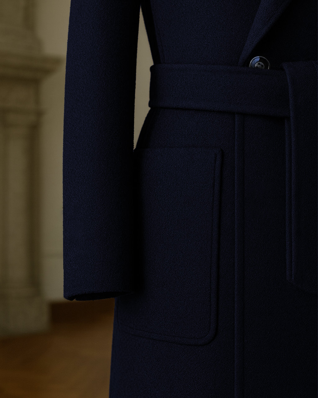 Sobrane Koyu Lacivert Kemerli Uzun Kruvaze Kaşe Kaban