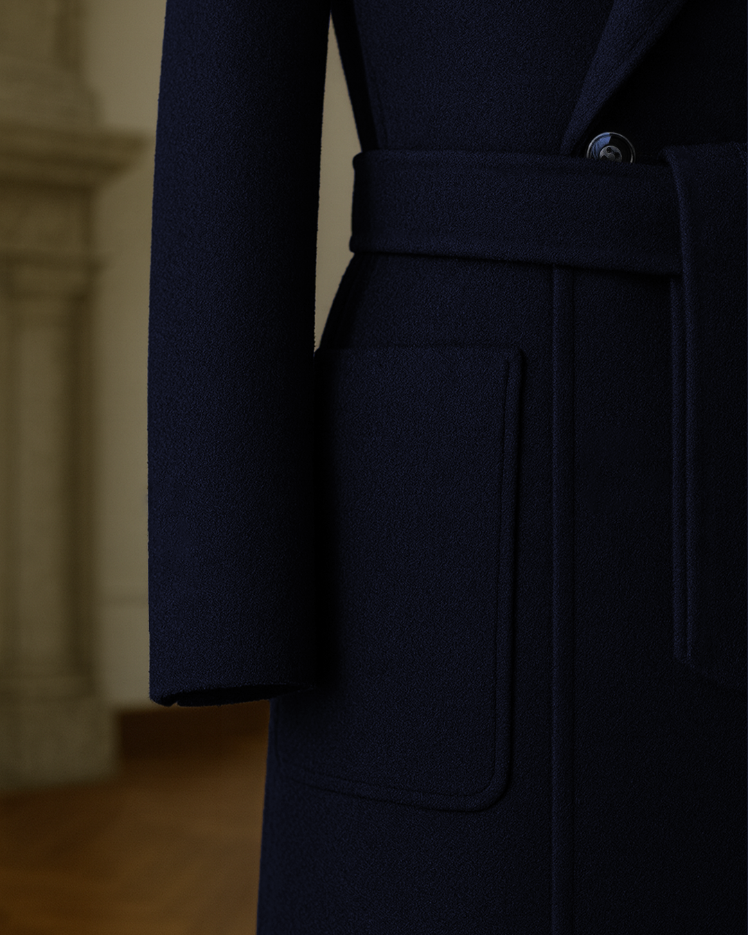 Sobrane Koyu Lacivert Kemerli Uzun Kruvaze Kaşe Kaban