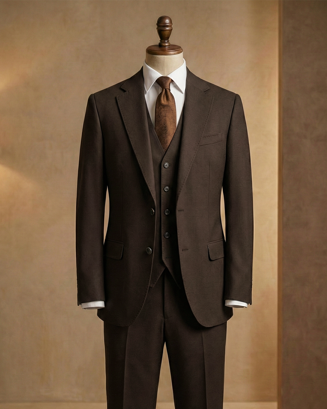 İtalyan Stil Kahverengi Yelekli Klasik Takım Elbise