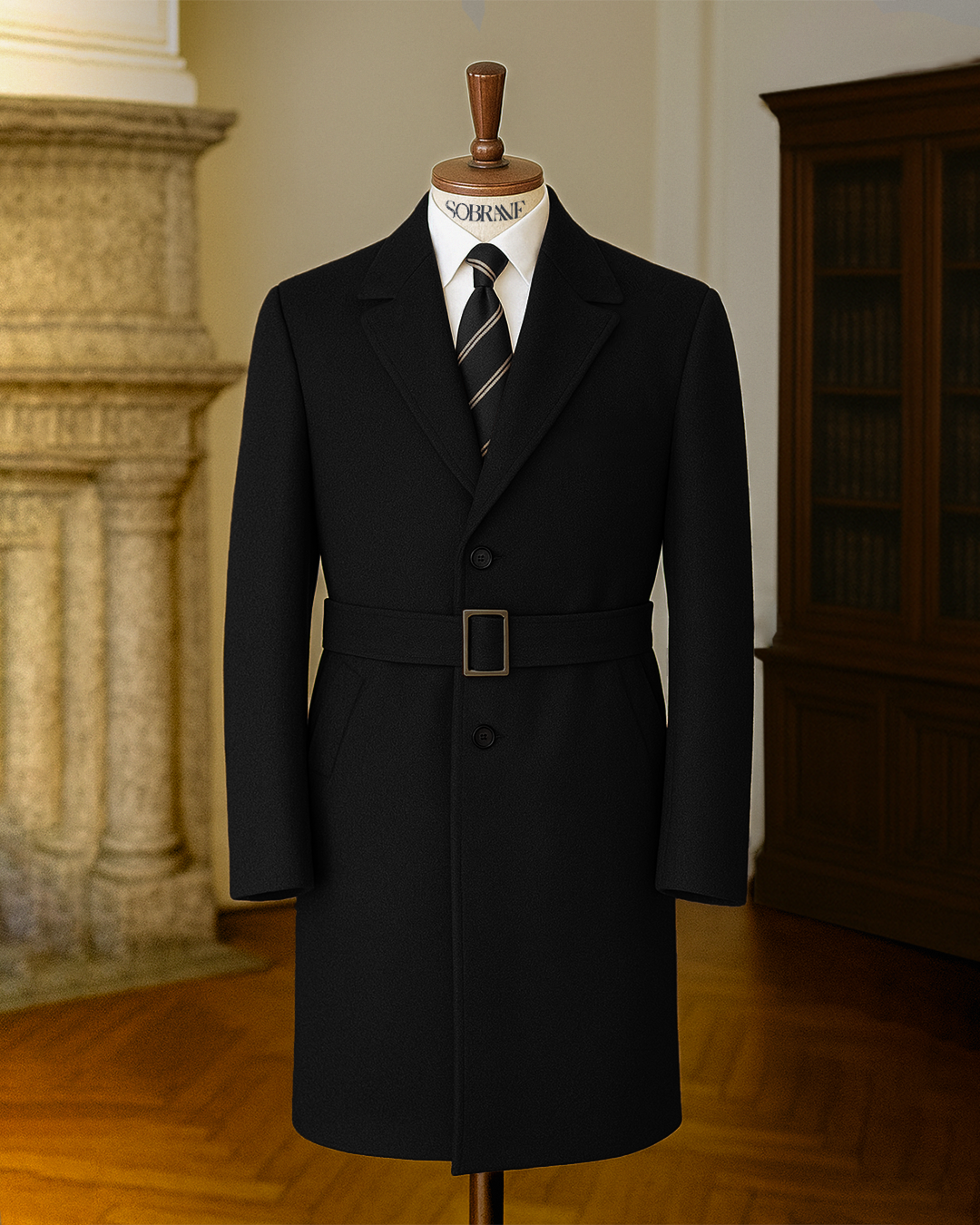 Sobrane Siyah Kemerli Uzun Klasik Kaşe Kaban