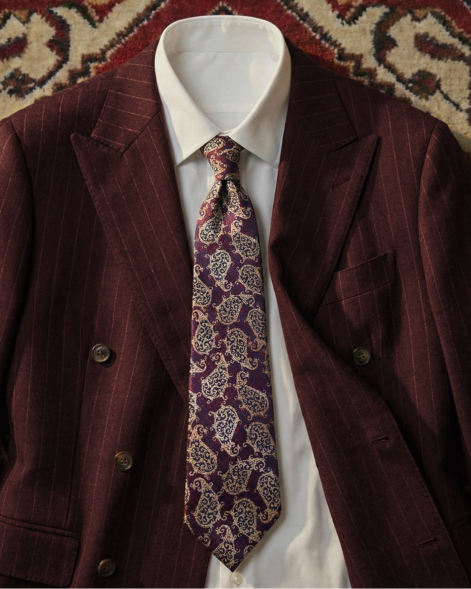 Bordo Şal Desenli Premium Kravat Mendil Seti