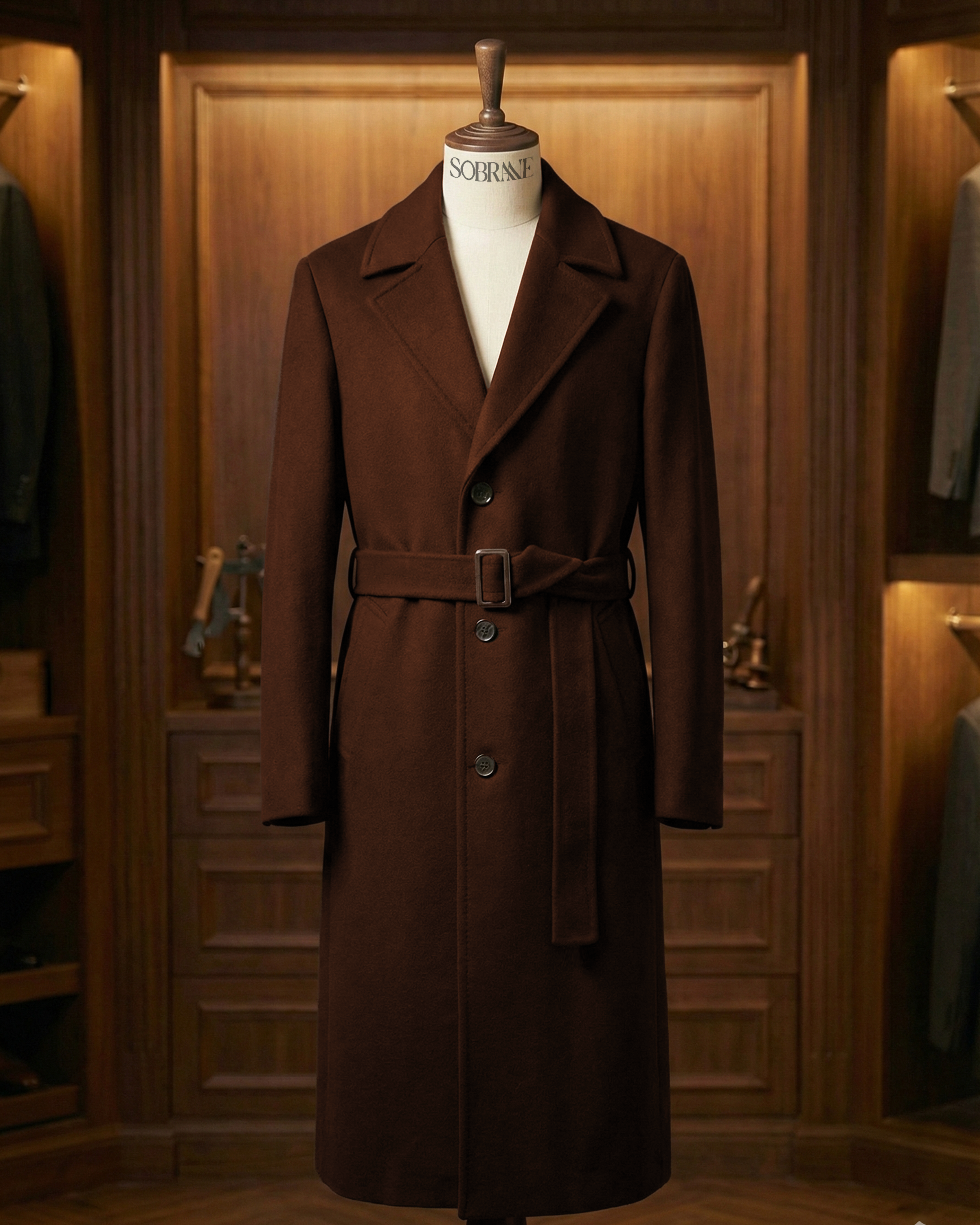 Sobrane Acı Kahve Kemerli Uzun Klasik Kaşe Kaban