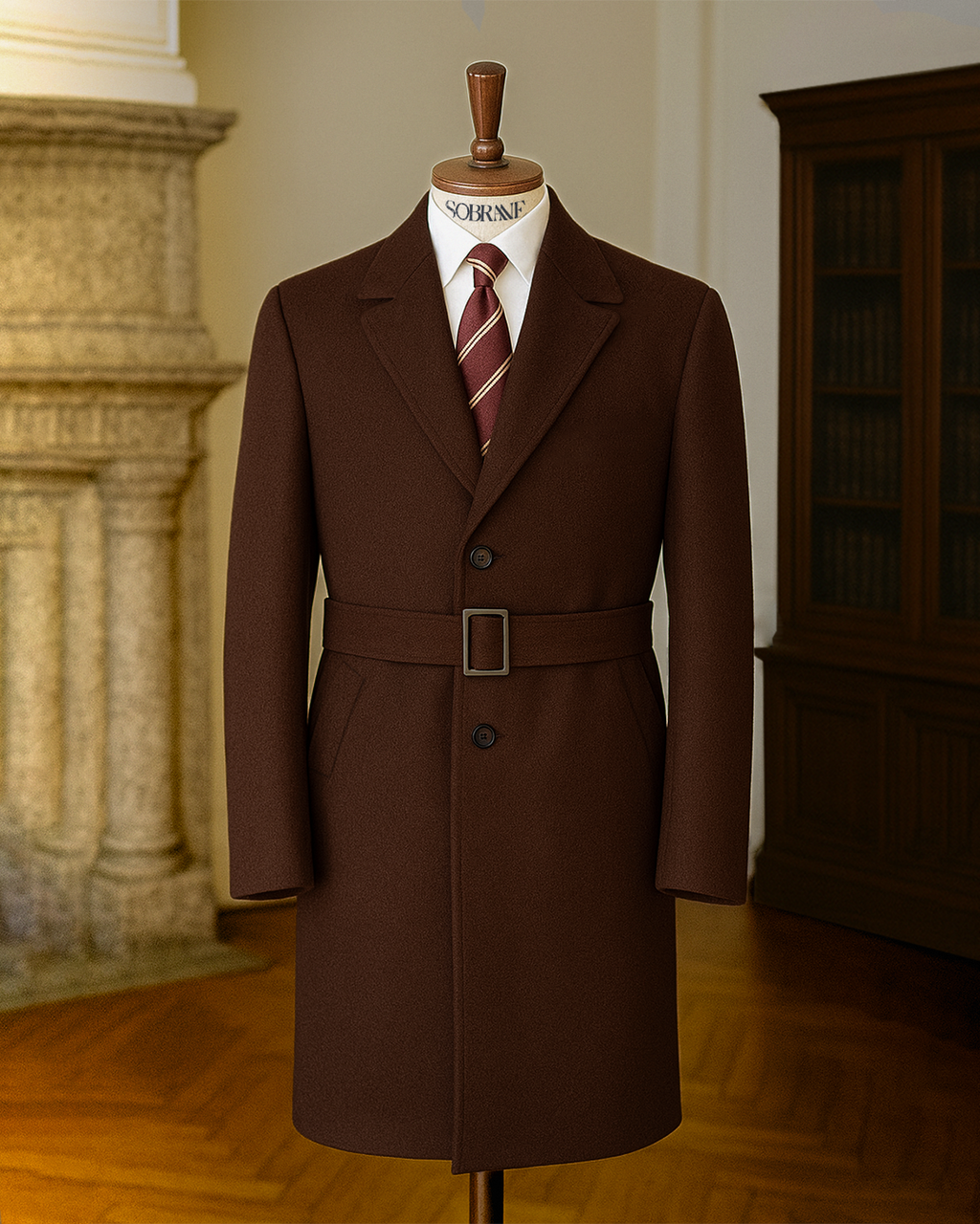 Sobrane Acı Kahve Kemerli Uzun Klasik Kaşe Kaban