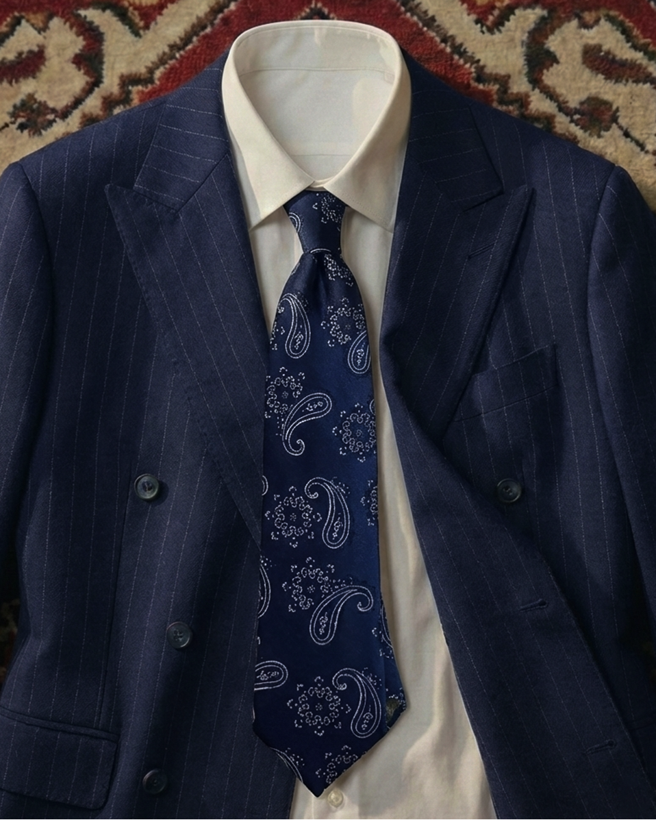Lacivert Şal Desenli Premium Kravat Mendil Seti