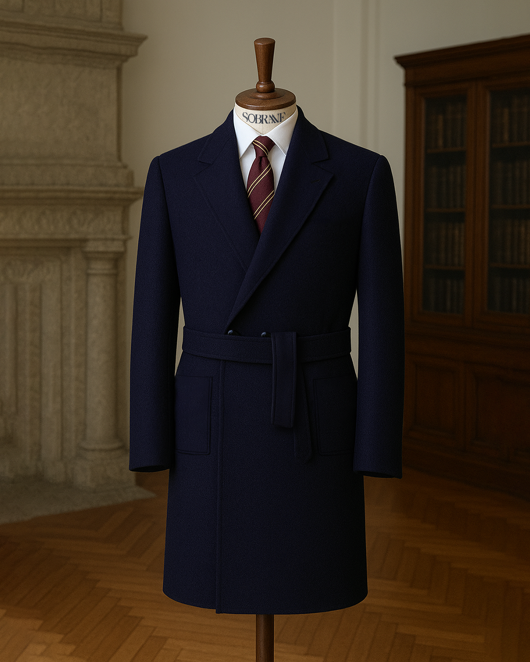 Sobrane Koyu Lacivert Kemerli Uzun Kruvaze Kaşe Kaban