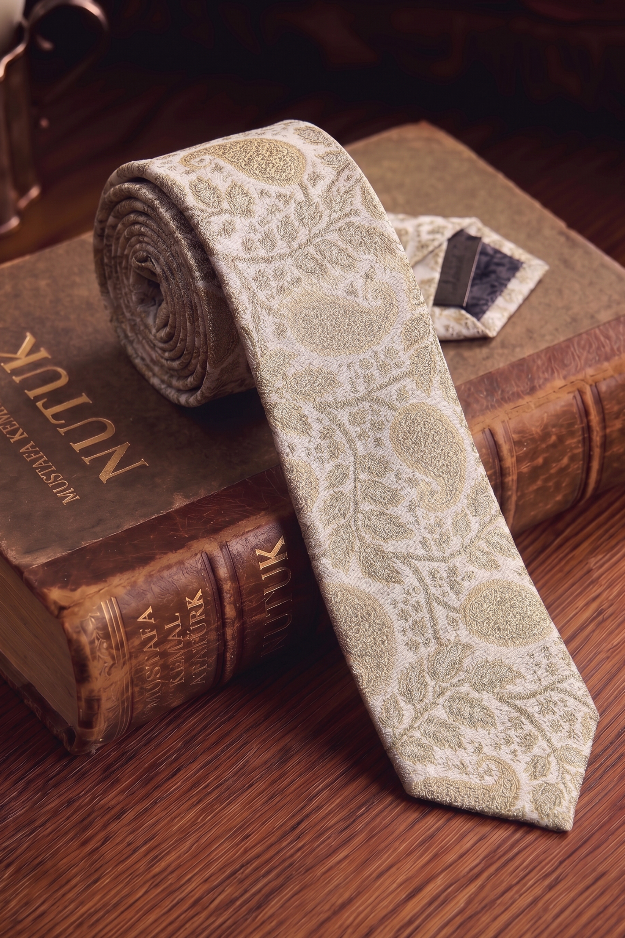 Krem Floral Jakarlı Kravat