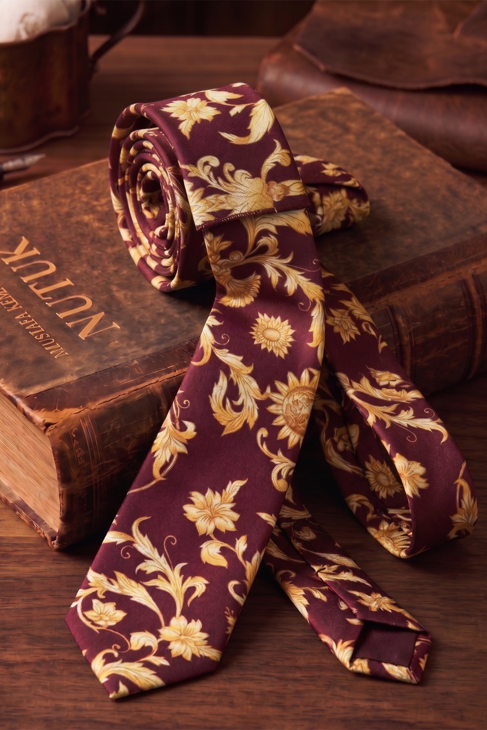 Bordo Gold Çiçek Desenli Kravat