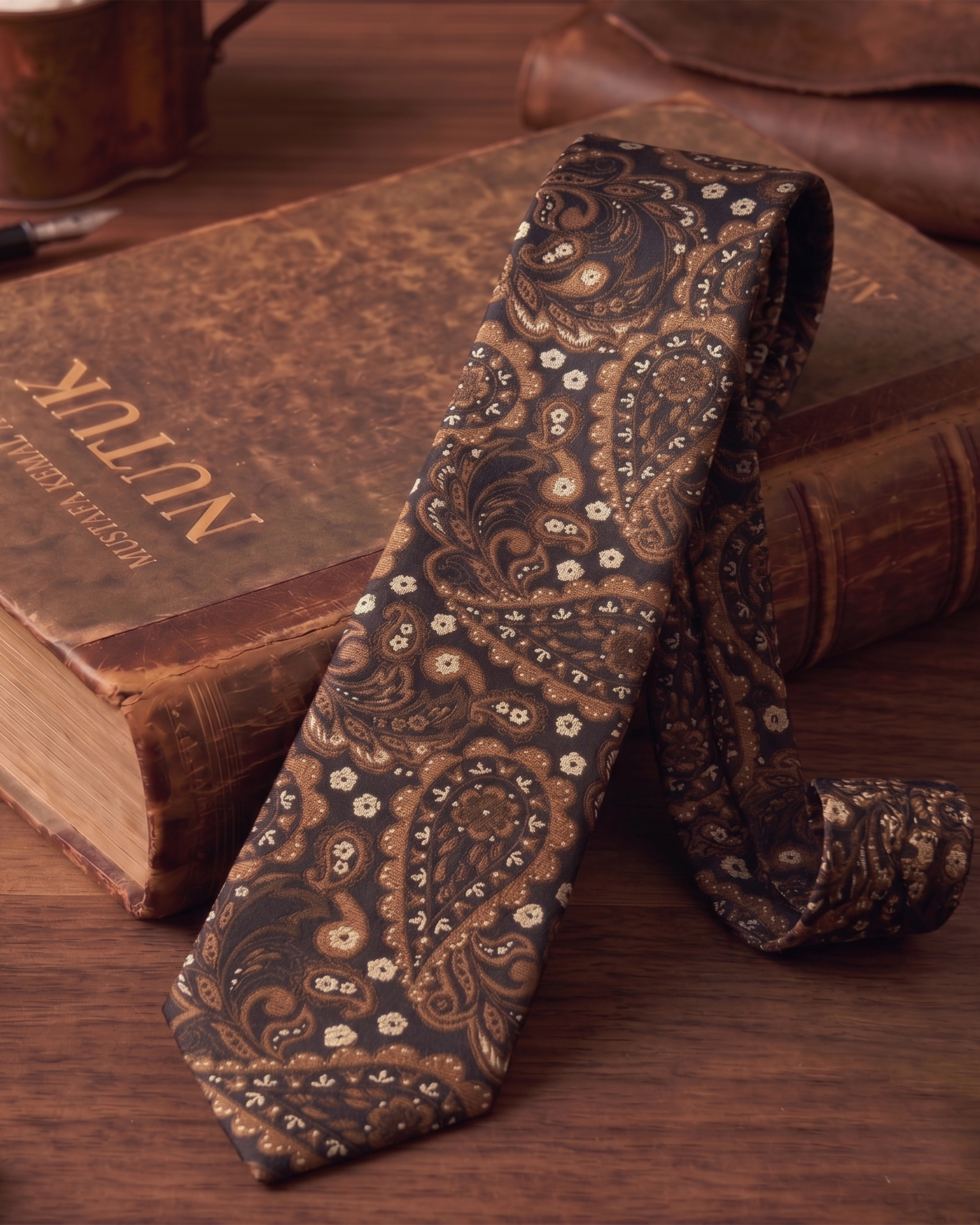 Toprak Tonu Vintage Paisley Desen Kravat