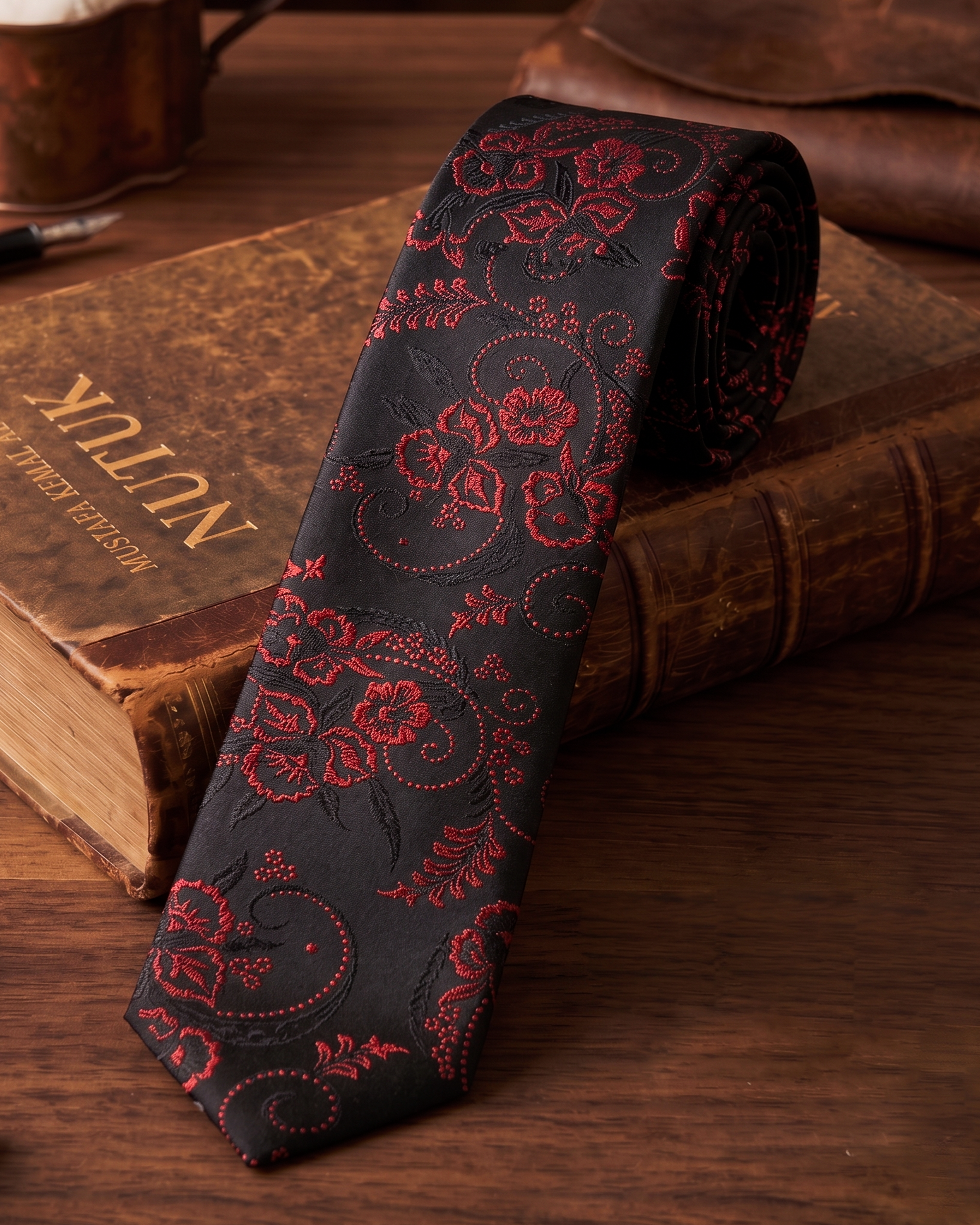 Royal Siyah-Bordo İşlemeli Kravat