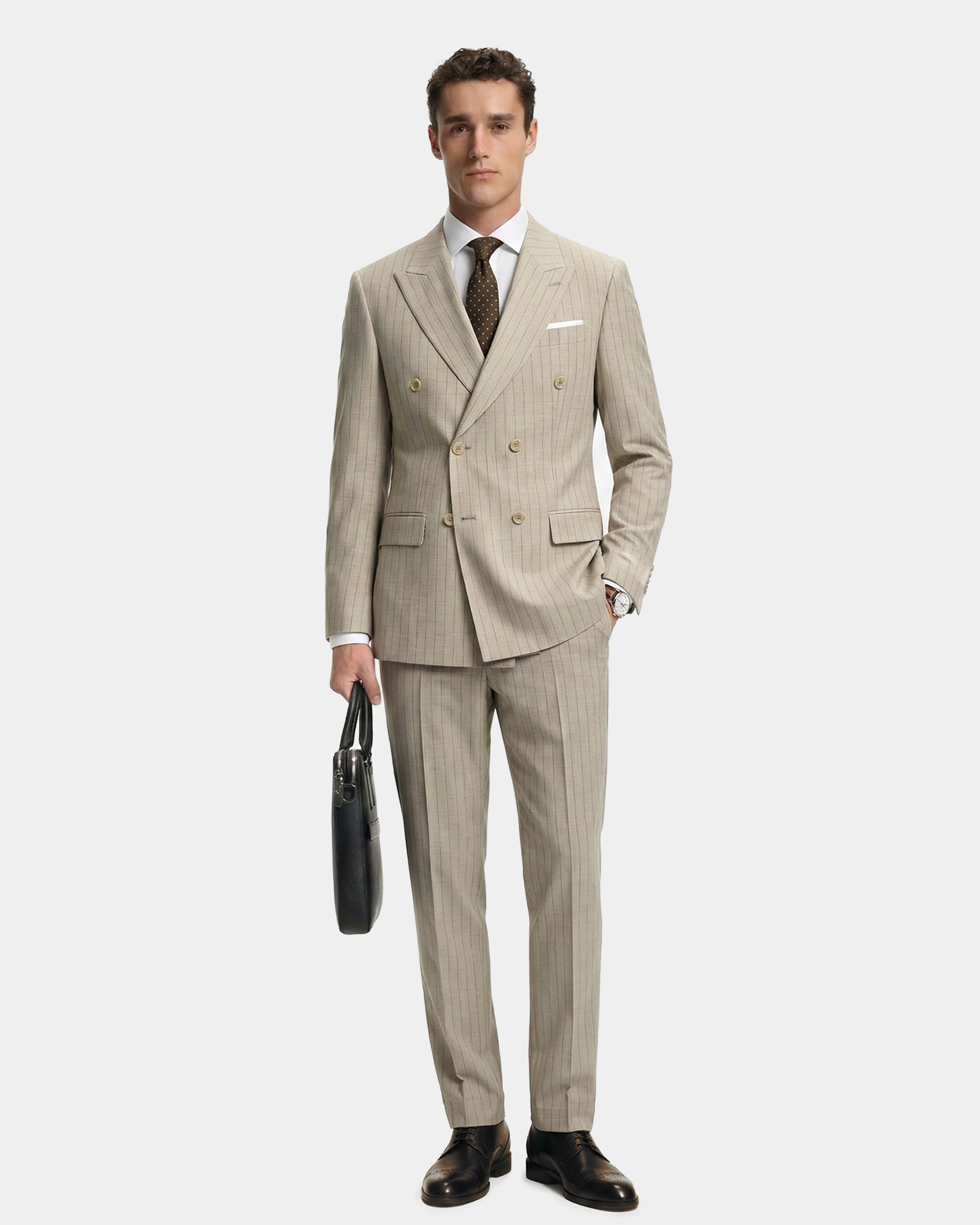 Ekru Çizgili Kruvaze Takım Elbise