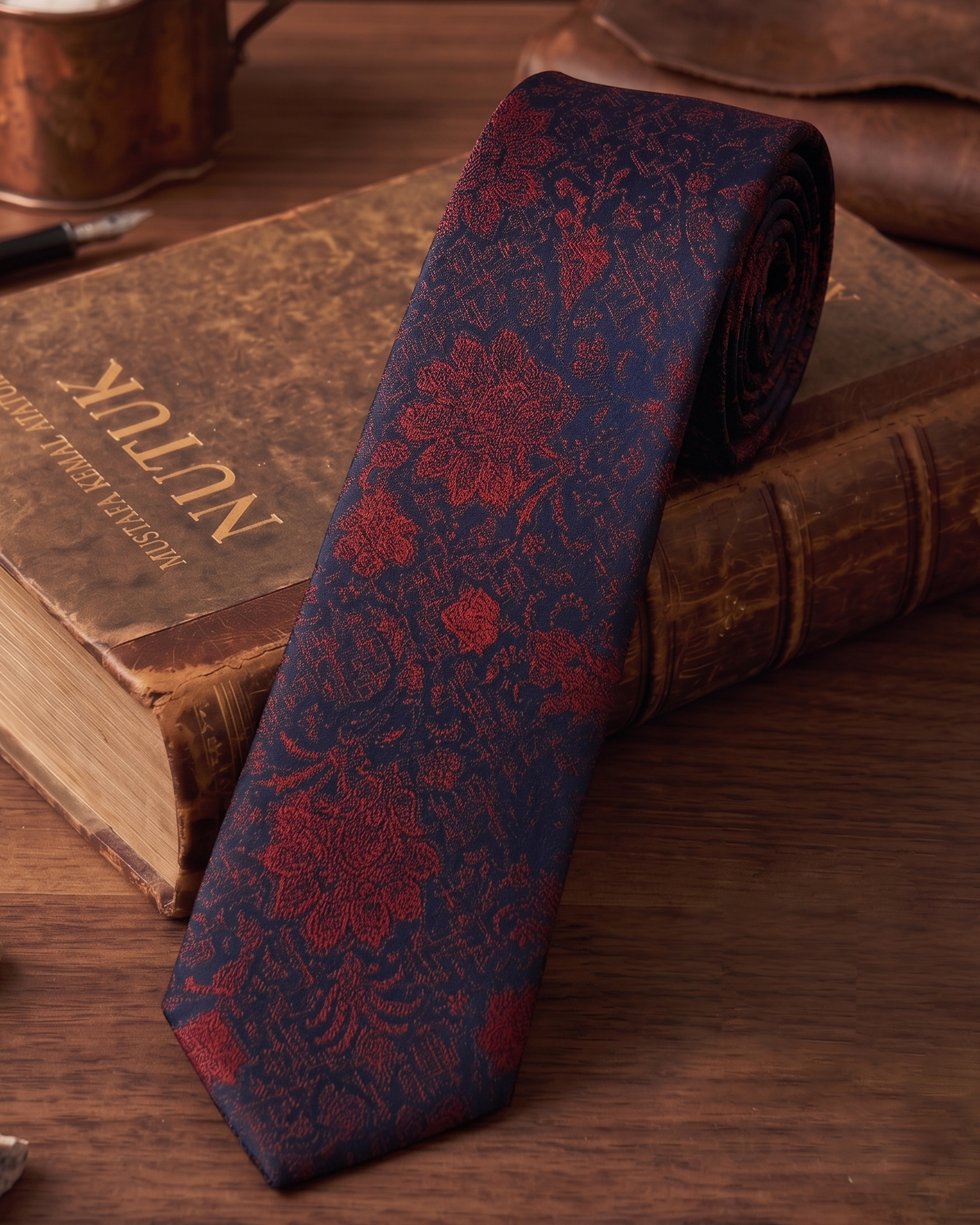 Bordo & Lacivert Floral Kravat